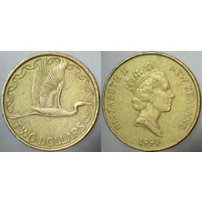 Banknoting Yeni Zelanda 2 Dolar 1991 Büyük Akbalıkçıl Temalı. Kraliçe Iı. Elizabeth.