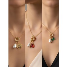 NKT Collection Kırmızı Damla Zümrüt Yeşili Kelebek Hayat Ağacı Incili Kolye