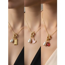 NKT Collection Kırmızı Damla Pembe Kalp Külçe Altın Incili Kolye