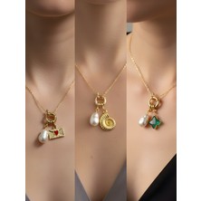 NKT Collection Zümrüt Yeşili Yıldız Deniz Kabuğu Kalpli Zarf Incili Kolye