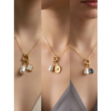 NKT Collection Turkuaz Damla Kabartma Kalp Beyaz Yonca Incili Kolye