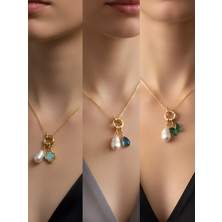 NKT Collection Zümrüt Yeşili Kelebek Turkuaz Damla Turkuaz Yonca Incili Kolye