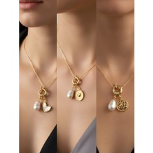 NKT Collection Hayat Ağacı Kabartma Kalp Beyaz Kalp Incili Kolye