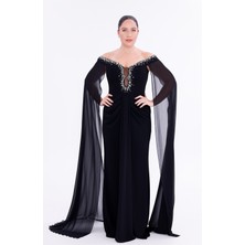 Bdm Exclusive Straplez Taş Işlemeli Omuz Şifon Pelerinli Büyük Beden Abiye Elbise