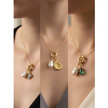 NKT Collection Zümrüt Yeşili Damla Deniz Kabuğu Siyah Yonca Incili Kolye