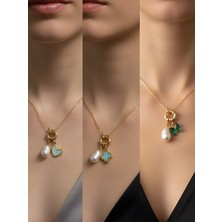 NKT Collection Zümrüt Yeşili Kelebek Turkuaz Yonca Turkuaz Kalp Incili Kolye