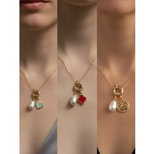 NKT Collection Hayat Ağacı Kırmızı Yonca Turkuaz Kalp Incili Kolye