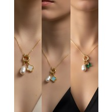 NKT Collection Zümrüt Yeşili Kelebek Turkuaz Yonca Beyaz Yonca Incili Kolye