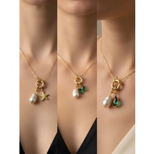 NKT Collection Zümrüt Yeşili Kelebek Zümrüt Yeşili Damla Deniz Yıldızı Incili Kolye