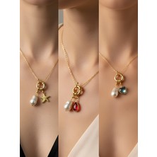 NKT Collection Kırmızı Damla Turkuaz Kalp Deniz Yıldızı Incili Kolye