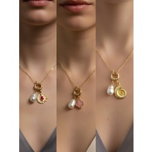 NKT Collection Deniz Kabuğu Pembe Yonca Turkuaz Kalp Incili Kolye