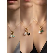 NKT Collection Zümrüt Yeşili Kelebek Siyah Kalp Kupa As Incili Kolye