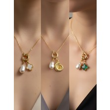 NKT Collection Zümrüt Yeşili Yıldız Deniz Kabuğu Beyaz Yonca Incili Kolye