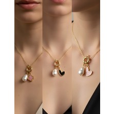 NKT Collection Pembe Kalp Siyah Kalp Midye Incili Kolye