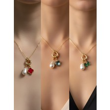 NKT Collection Turkuaz Kalp Zümrüt Yeşili Kelebek Külçe Altın Incili Kolye