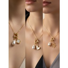 NKT Collection Güneş Beyaz Kalp Beyaz Yonca Incili Kolye