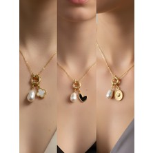 NKT Collection Kabartma Kalp Siyah Kalp Beyaz Yonca Incili Kolye