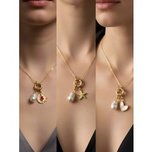 NKT Collection Beyaz Kalp Deniz Yıldızı Ay Güneş Incili Kolye