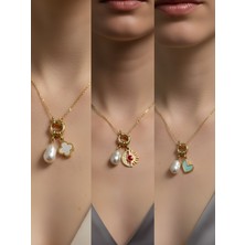 NKT Collection Ay Güneş Turkuaz Kalp Beyaz Yonca Incili Kolye