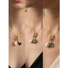 NKT Collection Zümrüt Yeşili Damla Zümrüt Yeşili Yıldız Siyah Kalp Incili Kolye