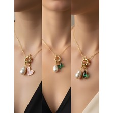 NKT Collection Zümrüt Yeşili Kelebek Zümrüt Yeşili Damla Pembe Kalp Incili Kolye