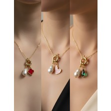 NKT Collection Zümrüt Yeşili Damla Pembe Kalp Kırmızı Yonca Incili Kolye