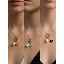 NKT Collection Siyah Kalp Turkuaz Yonca Pembe Yonca Incili Kolye