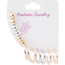 Pazarois Altın ve Gümüş Renk Halka ve Top Detaylı Bijuteri Küpe Seti