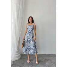 Moda Loris Mavi Çiçekli Viskon Elbise