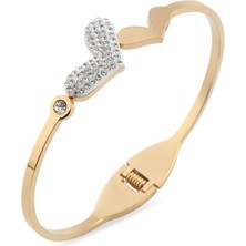 Pazarois Taşlı Kalp Figürlü Altın Renkli Çelik Kelepçe Bileklik