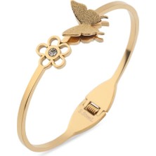 Pazarois Kelebek ve Çiçek Figürlü Altın Renkli Çelik Kelepçe Bileklik