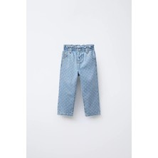 Magu Kız Çocuk Pamuklu Mavi Puantiye Desenli Denim Pantolon – Lastik Belli, Rahat Kesim