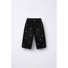 Magu Kız Çocuk Pamuklu Siyah Yıldız Desenli Denim Pantolon – Elastik Bel, Rahat Kesim