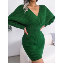 Moda Loris Kadın Uzun Kollu Kruvaze Geniş Yakalı Mini Triko Elbise