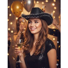 Dodomar 56 cm Baş Çevresi Siyah Simli Tüylü Kovboy Şerif Şapkası – Parti ve Yılbaşı Şapkası