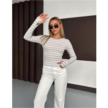 StockMount Kadın Gri Çizgili Kaşkorse Uzun Kollu Bisiklet Yaka Fit Bluz