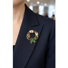 Efeaks Yeni Yıl Hediyesi Özel Tasarım Broş - Yeşil Fiyonklu ve Kuş Figürlü Çelenk Rozet