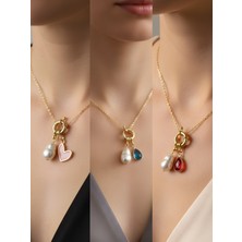 NKT Collection Kırmızı Damla Turkuaz Damla Pembe Kalp Incili Kolye