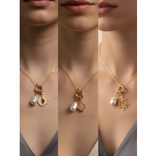 NKT Collection Güneş Pembe Yonca Ay Güneş Incili Kolye