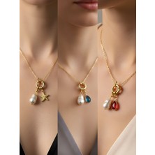 NKT Collection Kırmızı Damla Turkuaz Damla Deniz Yıldızı Incili Kolye