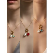 NKT Collection Turkuaz Kalp Kırmızı Yonca Turkuaz Kalp Incili Kolye