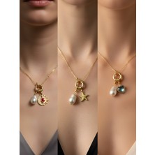 NKT Collection Turkuaz Kalp Deniz Yıldızı Ay Güneş Incili Kolye