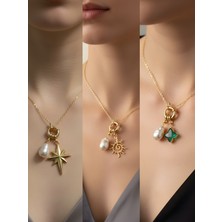 NKT Collection Zümrüt Yeşili Yıldız Güneş Kutup Yıldızı Incili Kolye