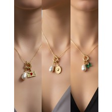 NKT Collection Zümrüt Yeşili Kelebek Kabartma Kalp Ay Güneş Incili Kolye