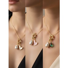 NKT Collection Zümrüt Yeşili Damla Pembe Kalp Beyaz Kalp Incili Kolye