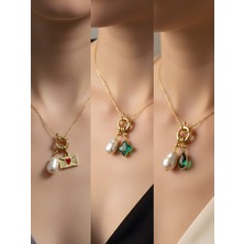 NKT Collection Zümrüt Yeşili Damla Zümrüt Yeşili Yıldız Kalpli Zarf Incili Kolye