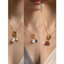 NKT Collection Kırmızı Damla Turkuaz Damla Beyaz Yonca Incili Kolye