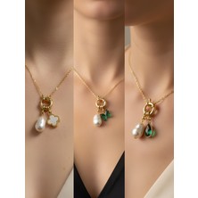 NKT Collection Zümrüt Yeşili Kelebek Zümrüt Yeşili Damla Beyaz Yonca Incili Kolye