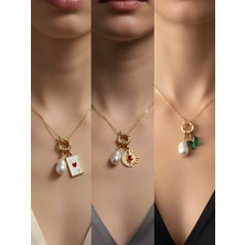 NKT Collection Zümrüt Yeşili Kelebek Ay Güneş Kupa As Incili Kolye