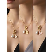 NKT Collection Kabartma Kalp Pembe Kalp Beyaz Kalp Incili Kolye